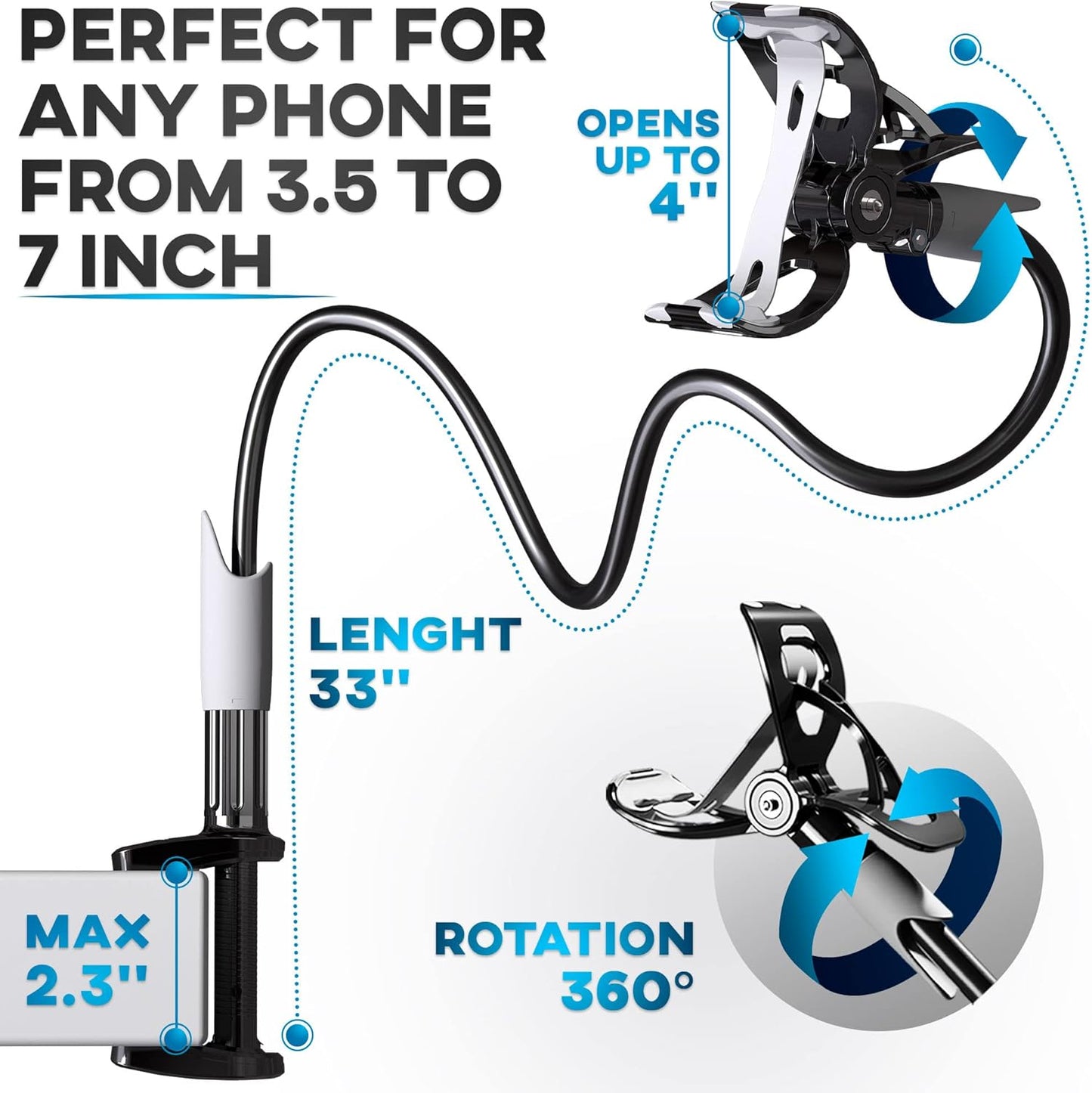 Phone Holder for Bed, Bedside Mobile Clip on Phone Holder (Grey)